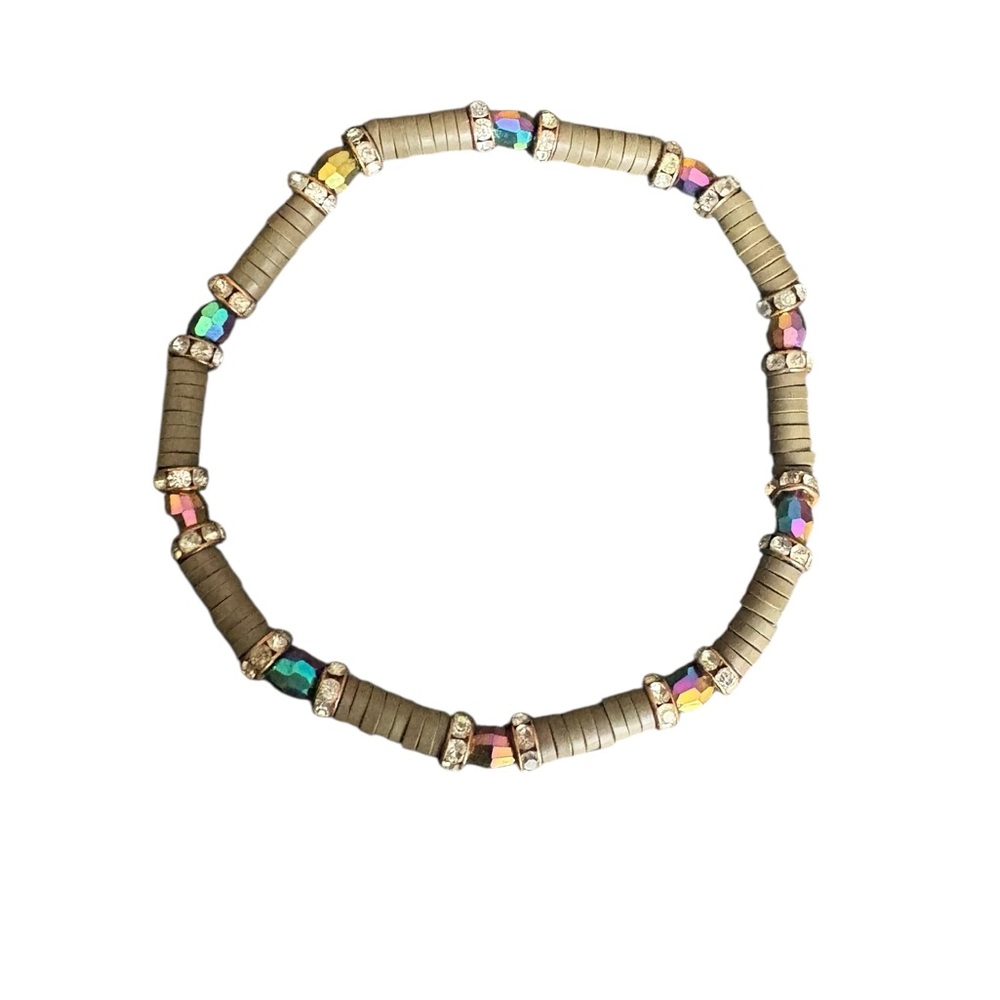 Stretch Heishi Bead Bracelet‎ – Taupe/Olive-Grey Beads with Iridescent Rainbow